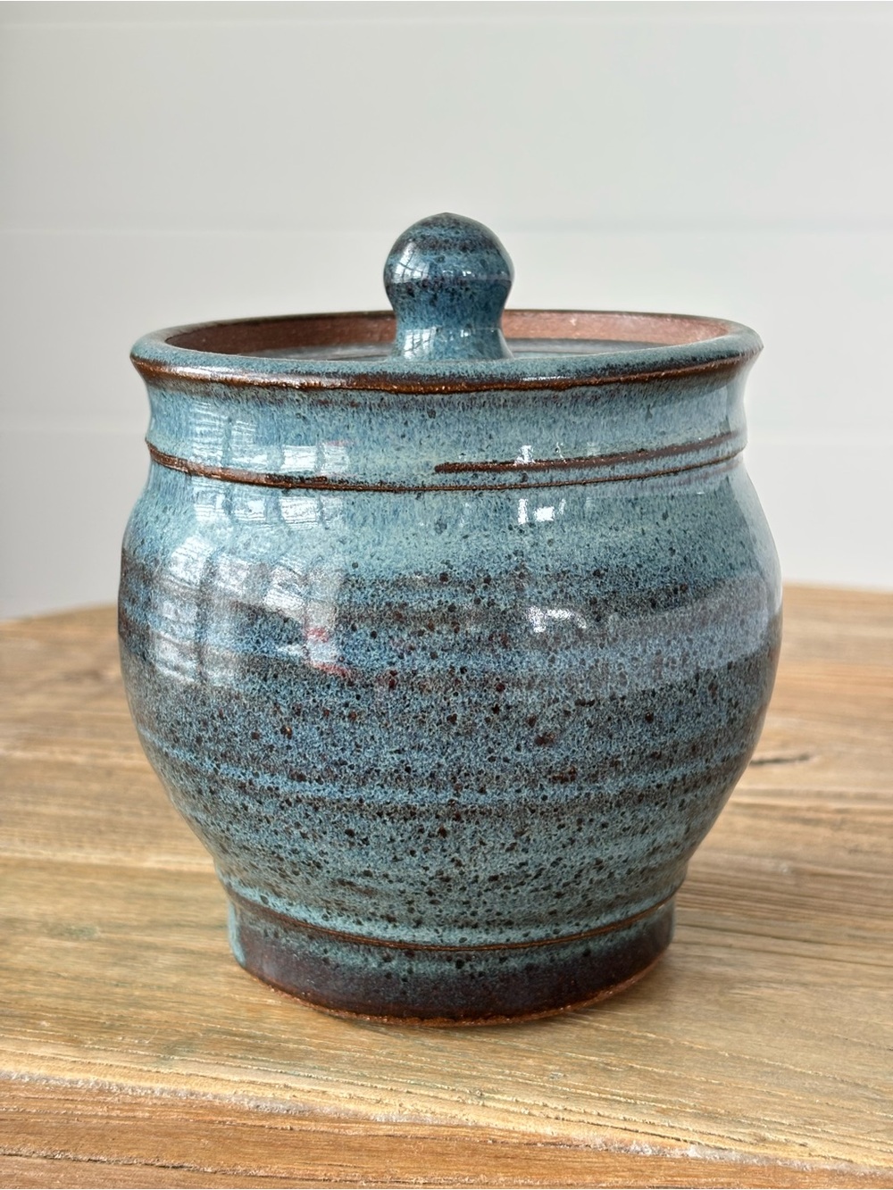 Hancrafted Vintage Glazed Ceramic Lidded Jar in Blue
